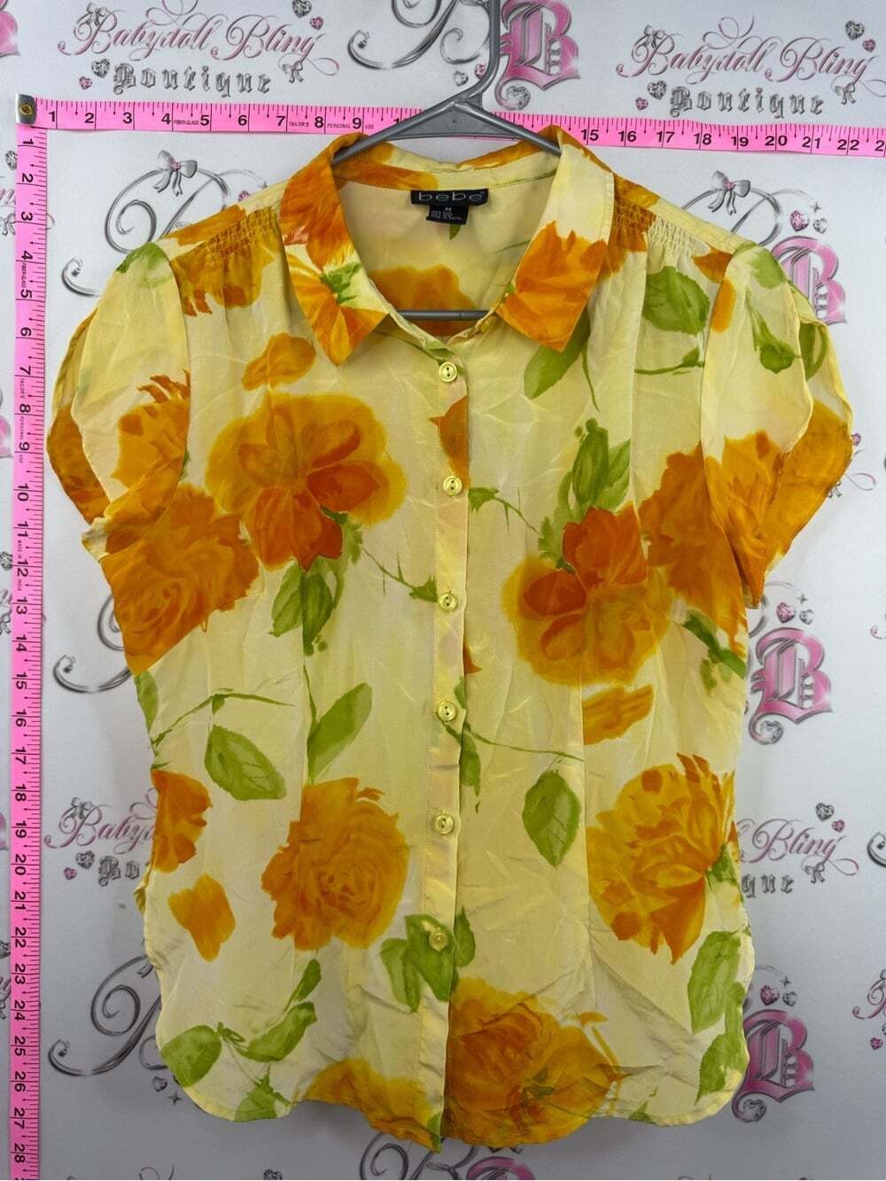 bebe silk blouse buttons Yellow & Orange Floral Button-Down Blouse